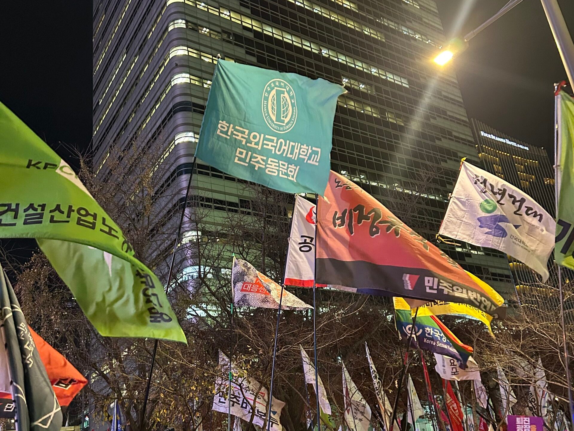 2024년 12월 4일 밤 집회 현장의 외민동 깃발